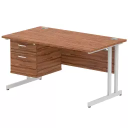 Dynamic Impulse W1400 x D800 x H730mm Straight Office Desk Cantilever Leg With 1x2 Drawer Single Fixed Pedestal Walnut Finish Silver Frame - MI001920