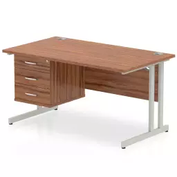 Dynamic Impulse W1400 x D800 x H730mm Straight Office Desk Cantilever Leg With 1x3 Drawer Single Fixed Pedestal Walnut Finish Silver Frame - MI001928