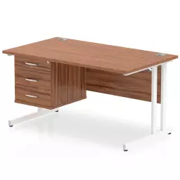 Dynamic Impulse W1400 x D800 x H730mm Straight Office Desk Cantilever Leg With 1 x 3 Drawer Single Fixed Pedestal Walnut Finish White Frame - MI001932