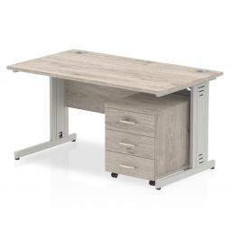 Dynamic Impulse 1400 x 800mm Straight Desk Grey Oak Top Silver Cable Managed Leg with 3 Drawer Mobile Pedestal Bundle I003169