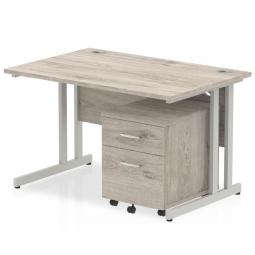 Dynamic Impulse 1400 x 800mm Straight Desk Grey Oak Top Silver Cantilever Leg with 2 Drawer Mobile Pedestal Bundle I003166