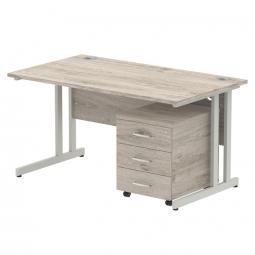 Dynamic Impulse 1400 x 800mm Straight Desk Grey Oak Top Silver Cantilever Leg with 3 Drawer Mobile Pedestal Bundle I003165