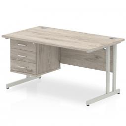 Dynamic Impulse 1400 x 800mm Straight Desk Grey Oak Top Silver Cantilever Leg with 1 x 3 Drawer Fixed Pedestal I003462