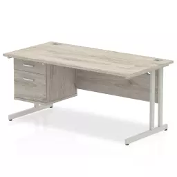 Dynamic Impulse W1600 x D800 x H730mm Straight Office Desk Cantilever Leg With 1 x 2 Drawer Fixed Pedestal Grey Oak Finish Silver Frame - I003486