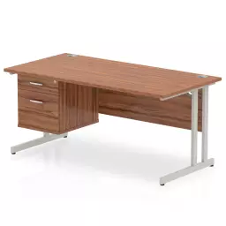 Dynamic Impulse W1600 x D800 x H730mm Straight Office Desk Cantilever Leg With 1 x 2 Drawer Fixed Pedestal Walnut Finish Silver Frame - MI001921