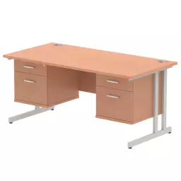 Dynamic Impulse W1600 x D800 x H730mm Straight Office Desk Cantilever Leg With 2x2 Drawer Double Fixed Pedestal Beech Finish Silver Frame - MI001706