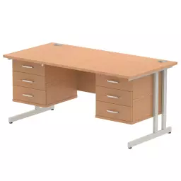 Dynamic Impulse W1600 x D800 x H730mm Straight Office Desk Cantilever Leg With 2x3 Drawer Double Fixed Pedestal Beech Finish Silver Frame - MI001714