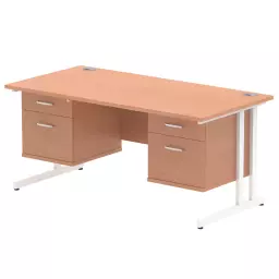 Dynamic Impulse W1600 x D800 x H730mm Straight Office Desk Cantilever Leg With 2x2 Drawer Double Fixed Pedestal Beech Finish White Frame - MI001710