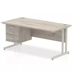 Dynamic Impulse W1600 x D800 x H730mm Straight Office Desk Cantilever Leg With 1x3 Drawer Single Fixed Pedestal Grey Oak Finish Silver Frame - I003487