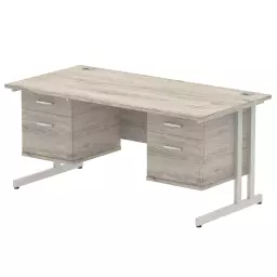 Dynamic Impulse W1600 x D800 x H730mm Straight Office Desk Cantilever Leg With 2x2 Drawer Double Fixed Pedestal Grey Oak Finish Silver Frame - I003488