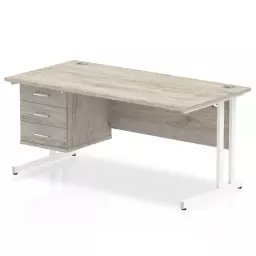 Dynamic Impulse W1600 x D800 x H730mm Straight Office Desk Cantilever Leg With 1x3 Drawer Single Fixed Pedestal Grey Oak Finish White Frame - I003497