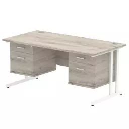 Dynamic Impulse W1600 x D800 x H730mm Straight Office Desk Cantilever Leg With 2x2 Drawer Double Fixed Pedestal Grey Oak Finish White Frame - I003498