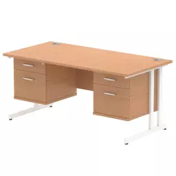 Dynamic Impulse W1600 x D800 x H730mm Straight Office Desk Cantilever Leg With 2x2 Drawer Double Fixed Pedestal Oak Finish White Frame - MI002679