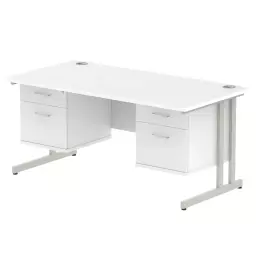 Dynamic Impulse W1600 x D800 x H730mm Straight Office Desk Cantilever Leg With 2x2 Drawer Double Fixed Pedestal White Finish Silver Frame - MI002223