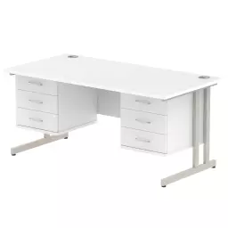 Dynamic Impulse W1600 x D800 x H730mm Straight Office Desk Cantilever Leg With 2x3 Drawer Double Fixed Pedestal White Finish Silver Frame - MI002231