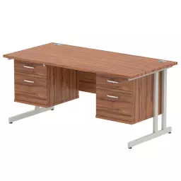 Dynamic Impulse W1600 x D800 x H730mm Straight Office Desk Cantilever Leg With 2x2 Drawer Double Fixed Pedestal Walnut Finish Silver Frame - MI001937