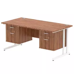 Dynamic Impulse W1600 x D800 x H730mm Straight Office Desk Cantilever Leg With 2x2 Drawer Double Fixed Pedestal Walnut Finish White Frame - MI001941