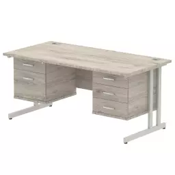 Dynamic Impulse W1600 x D800 x H730mm Straight Office Desk Cantilever Leg With 1x2 & 1x3 Drawer Fixed Pedestal Grey Oak Finish Silver Frame - I003485