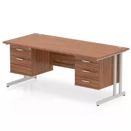 Dynamic Impulse W1600 x D800 x H730mm Straight Office Desk Cantilever Leg With 1x2 & 1x3 Drawer Fixed Pedestal Walnut Finish Silver Frame - MI001953