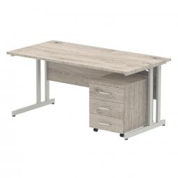 Dynamic Impulse 1600mm x 800mm Straight Desk Grey Oak Top Silver Cantilever Leg with 3 Drawer Mobile Pedestal I003195