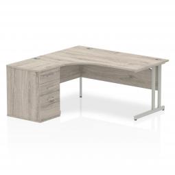 Dynamic Impulse 1600mm Left Crescent Desk Grey Oak Top Silver Cantilever Leg Workstation 600mm Deep Desk High Pedestal Bundle I003171