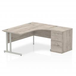 Dynamic Impulse 1600mm Right Crescent Desk Grey Oak Top Silver Cantilever Leg Workstation 600mm Deep Desk High Pedestal Bundle I003183