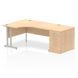 Dynamic Impulse 1600mm Left Crescent Desk Maple Top Silver Cantilever Leg Workstation 800mm Deep Desk High Pedestal Bundle I000564