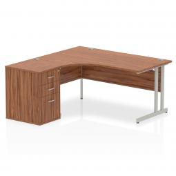 Dynamic Impulse 1600mm Left Crescent Desk Walnut Top Silver Cantilever Leg Workstation 600mm Deep Desk High Pedestal Bundle I000539