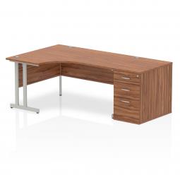 Dynamic Impulse 1600mm Left Crescent Desk Walnut Top Silver Cantilever Leg Workstation 800mm Deep Desk High Pedestal Bundle I000563