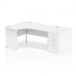 Dynamic Impulse 1600mm Left Crescent Desk White Top Panel End Leg Workstation 800mm Deep Desk High Pedestal Bundle I000610