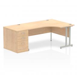 Dynamic Impulse 1600mm Right Crescent Desk Maple Top Silver Cantilever Leg Workstation 800mm Deep Desk High Pedestal Bundle I000576