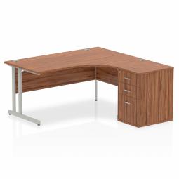 Dynamic Impulse 1600mm Right Crescent Desk Walnut Top Silver Cantilever Leg Workstation 600mm Deep Desk High Pedestal Bundle I000551