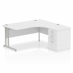 Dynamic Impulse 1600mm Right Crescent Desk White Top Silver Cantilever Leg Workstation 600mm Deep Desk High Pedestal Bundle I000550