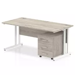 Impulse Cantilever Straight Office Desk W1600 x D800 x H730mm Grey Oak Finish White Frame With 3 Drawer Mobile Pedestal - I003802