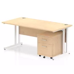 Impulse Cantilever Straight Office Desk W1600 x D800 x H730mm Maple Finish White Frame With 2 Drawer Mobile Pedestal - I003920