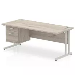 Dynamic Impulse W1800 x D800 x H730mm Straight Office Desk Cantilever Leg With 1 x 2 Drawer Fixed Pedestal Grey Oak Finish Silver Frame - I003511