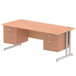 Dynamic Impulse W1800 x D800 x H730mm Straight Office Desk Cantilever Leg With 2x2 Drawer Double Fixed Pedestal Beech Finish Silver Frame - MI001707