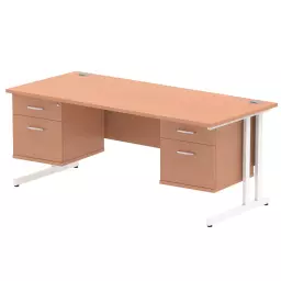 Dynamic Impulse W1800 x D800 x H730mm Straight Office Desk Cantilever Leg With 2x2 Drawer Double Fixed Pedestal Beech Finish White Frame - MI001711