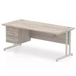 Dynamic Impulse W1800 x D800 x H730mm Straight Office Desk Cantilever Leg With 1x3 Drawer Single Fixed Pedestal Grey Oak Finish Silver Frame - I003512