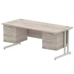 Dynamic Impulse W1800 x D800 x H730mm Straight Office Desk Cantilever Leg With 2x2 Drawer Double Fixed Pedestal Grey Oak Finish Silver Frame - I003513