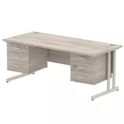 Dynamic Impulse W1800 x D800 x H730mm Straight Office Desk Cantilever Leg With 2x3 Drawer Double Fixed Pedestal Grey Oak Finish Silver Frame - I003514