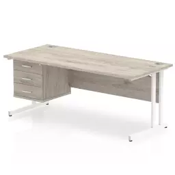 Dynamic Impulse W1800 x D800 x H730mm Straight Office Desk Cantilever Leg With 1x3 Drawer Single Fixed Pedestal Grey Oak Finish White Frame - I003522