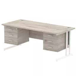 Dynamic Impulse W1800 x D800 x H730mm Straight Office Desk Cantilever Leg With 2x3 Drawer Double Fixed Pedestal Grey Oak Finish White Frame - I003524