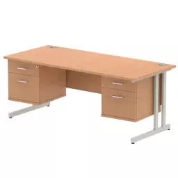 Dynamic Impulse W1800 x D800 x H730mm Straight Office Desk Cantilever Leg With 2x2 Drawer Double Fixed Pedestal Oak Finish Silver Frame - MI002676