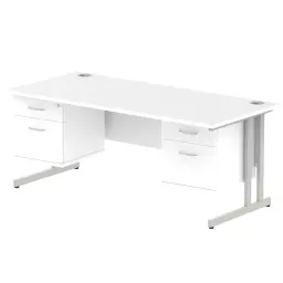 Dynamic Impulse W1800 x D800 x H730mm Straight Office Desk Cantilever Leg With 2x2 Drawer Double Fixed Pedestal White Finish Silver Frame - MI002224