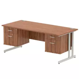 Dynamic Impulse W1800 x D800 x H730mm Straight Office Desk Cantilever Leg With 2x2 Drawer Double Fixed Pedestal Walnut Finish Silver Frame - MI001938