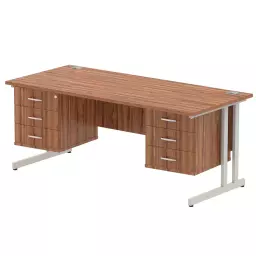 Dynamic Impulse W1800 x D800 x H730mm Straight Office Desk Cantilever Leg With 2x3 Drawer Double Fixed Pedestal Walnut Finish Silver Frame - MI001946