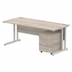 Dynamic Impulse 1800mm x 800mm Straight Desk Grey Oak Top Silver Cantilever Leg with 3 Drawer Mobile Pedestal I003213