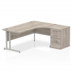 Dynamic Impulse 1800mm Right Crescent Desk Grey Oak Top Silver Cantilever Leg Workstation 600mm Deep Desk High Pedestal Bundle I003207