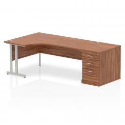 Dynamic Impulse 1800mm Left Crescent Desk Walnut Top Silver Cantilever Leg Workstation 800mm Deep Desk High Pedestal Bundle I000567